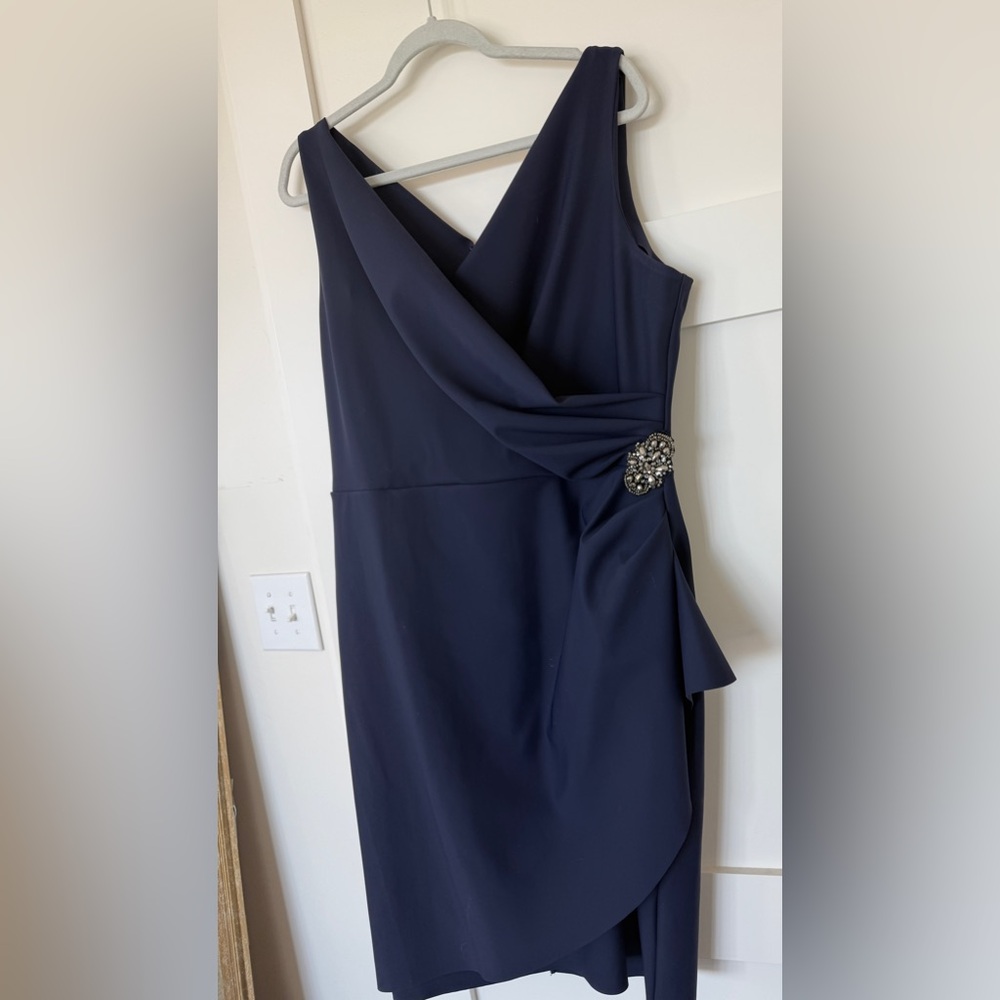 Alex Evenings Elegant Navy Dress with Brooch